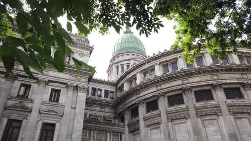 Congressional building low angle view, Argentine Chamber of Deputies over trees