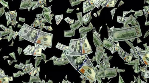 Money rain. One hundred USD paper money banknotes falling down