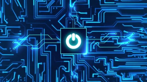 Glowing blue circuit board with moving electrons and power, on or off. Data flow on a motherboard.