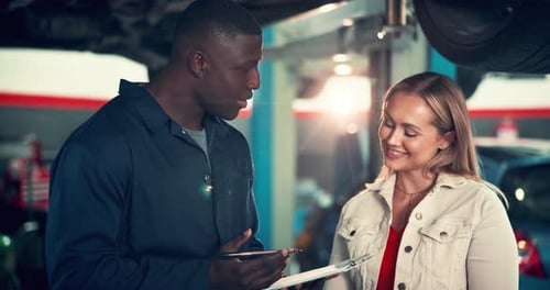 Mechanic, repair and customer with man and car in auto shop for diagnostic test
