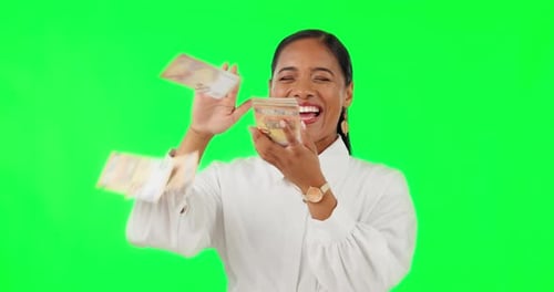 Success, money and laugh with business woman on green screen for winner, lottery and bonus