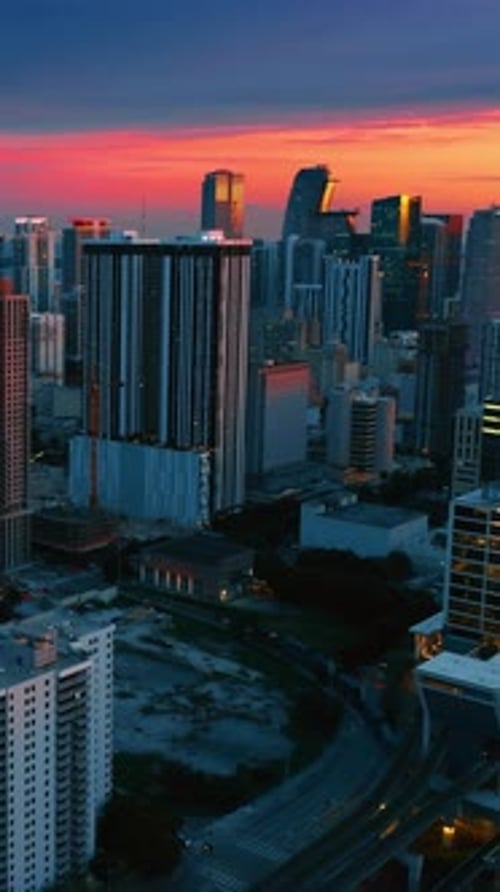 Dusk time in the downtown of gorgeous Miami Beach, Florida. Pink and blue sky at backdrop.