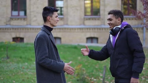Vista lateral, sorridentes, colegas de grupo caucasianos e afro-americanos, apertando as mãos, se reunindo no campus universitário