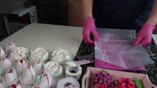 Woman Prepares Sweet Marshmallow Flower Desserts