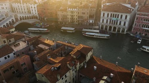 Grand Canal And Cityscape Of Venice, Italy At Sunrise - aerial drone shot