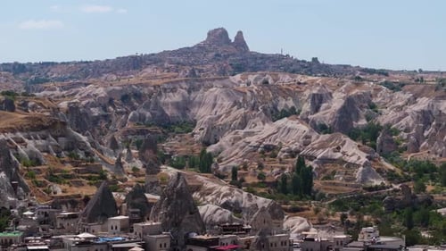 Forward Drone Shot Above Cappadocia with Uchisar Castle in Background. Turkey