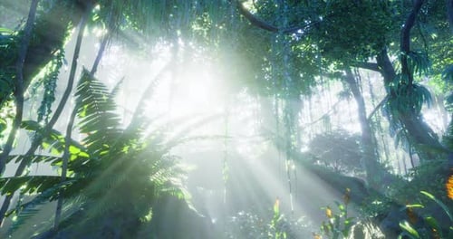 Light Rays Filter Through Dense Foliage in a Vibrant Forest Setting