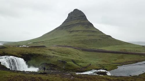 Beautiful aerial view of the Kirkjufell high mountain in Iceland, on the Snæfellsnes peninsula
