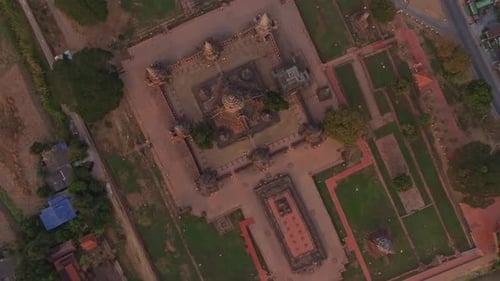 Top down view of historic temple ruins at sunrise, Ayutthaya, Thailand