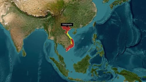 Animated Vietnam Country Outline and Travel Path Reveal on Satellite Map