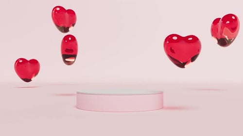 Elegant Glossy Red Hearts Floating Around Pink Product Podium