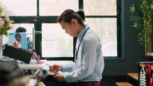 Young Adult Clothing Store Employee Adjusts Rack