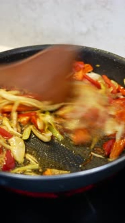 Sizzling Vegetables Stir-fry in Frying Pan