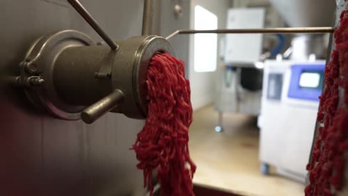 Moer carne crua em uma fábrica de processamento de carne com fios saindo do bico