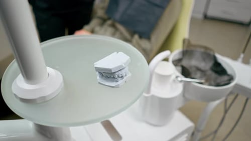 Closeup in a Dental Clinic on a Glass Table There is Plaster Cast of Teeth Treatment and Prevention