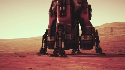 Exploration Base on Mars Showing a Robotic Lander Preparing for Deployment