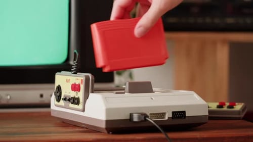 Old TV Game Console with ROM Cartridge Vintage Gamer Room Joystick and Retro TV Man Player Start the