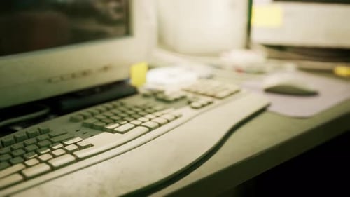 Work Desk with Old Computer and Keyboard Cluttered with Notes and Items