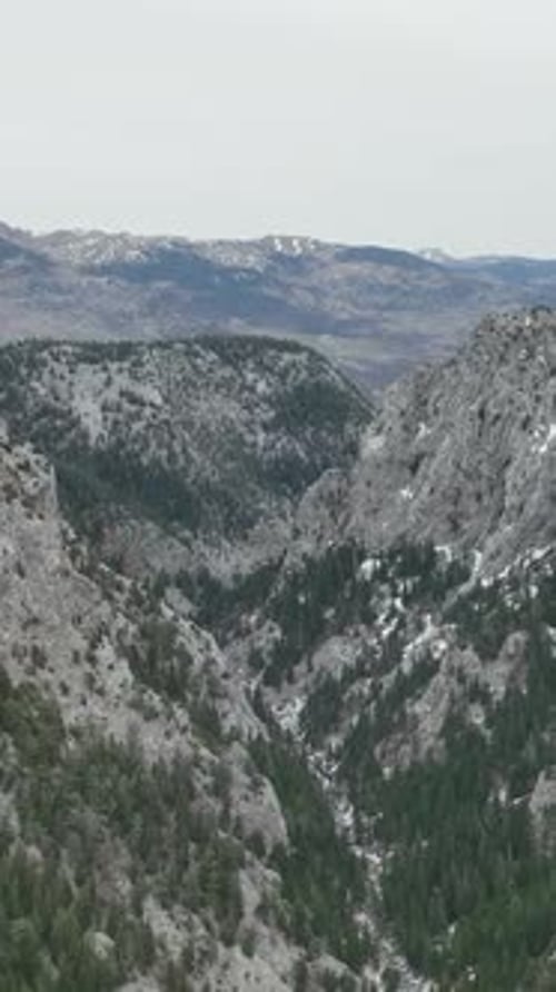 Vertical Video Winter Forest Cinematography Aerial View of Mountains River and Serene Waterfalls