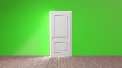 White door opening on green screen background