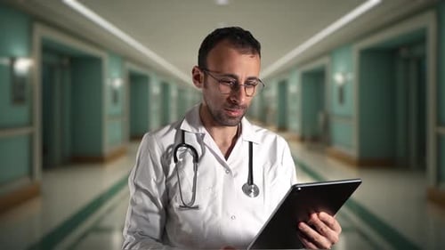 Doctor Thinks While Reading Tablet in Hospital Hallway