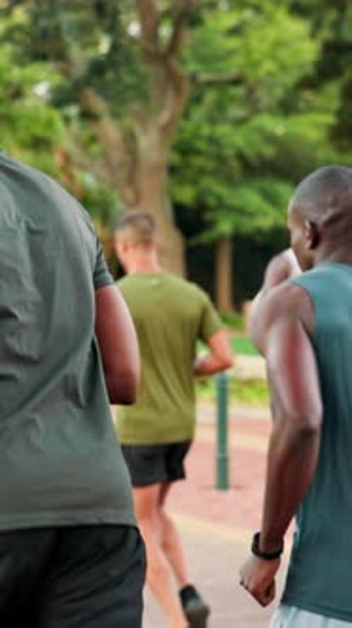 Fitness, running and back of people in park for exercise, marathon training and workout outdoors