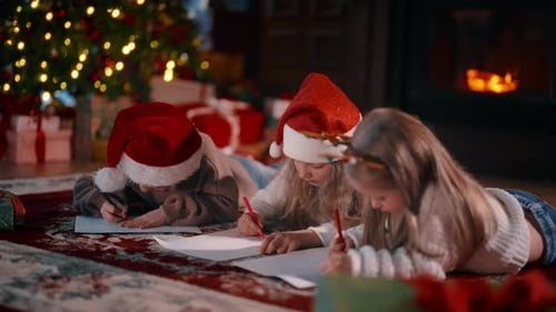 Children Write Christmas Letters by Fireplace at Night