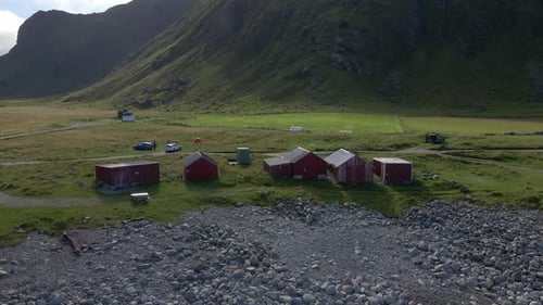Aerial shots of some small boat houses in Lofoten, Norway