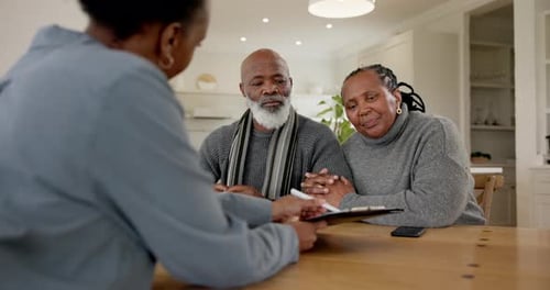 Senior couple, financial advisor and sign document in home for savings, investments