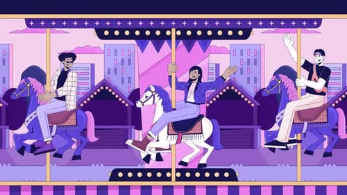 Friends on Carousel Amusement Park Line Cartoon Animation
