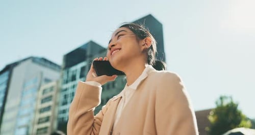 Happy woman, phone call and talking in city for communication, conversation or outdoor networking