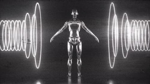 Glitch-Roboter im Neonlicht