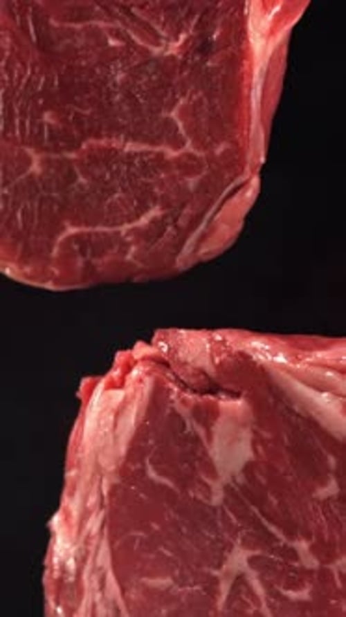 Beef Ribeye Steak Fly Up and Falls Down Filmed on a Highspeed Camera at 1000 Fps