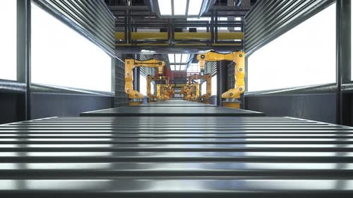 Automated Factory with Robot Arms Placing Products on Conveyor Belts 3D Render