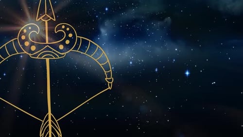 Animation of sagittarius star sign over sun shining and stars on night blue sky
