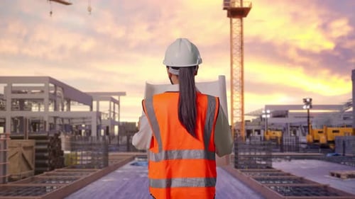 Asian Female Looking At Blueprint In His Hands While Walking at Construction Site