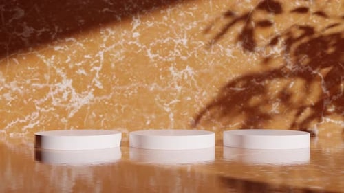 Three White Round Podiums for Product Presentation Placed on Marble Scene 3d Render