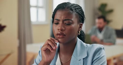 Business, problem solving and thinking with black woman in office for development or planning