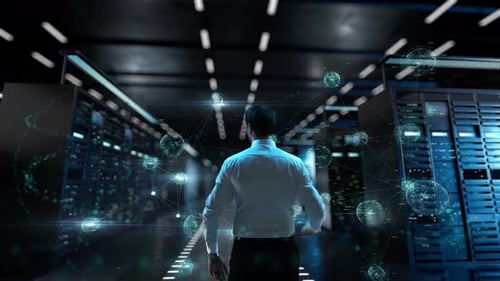 Intelligence Beyond Limits IT Administrator Activating Modern Data Center Server with Hologram