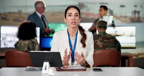 Woman, news or war crimes with reporter for global announcement, broadcast message