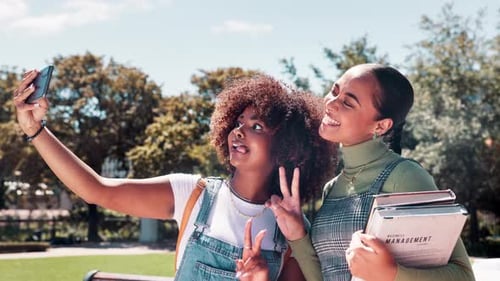 Students Take Selfie on Sunny Campus Day
