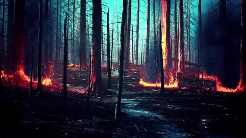 Forest Fire with Fallen Tree is Burned to the Ground