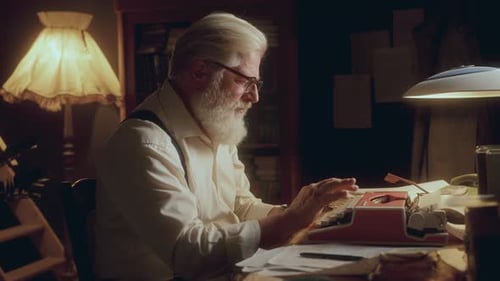 Elderly Author Using Typewriter and Writing Notes at Desk in Study