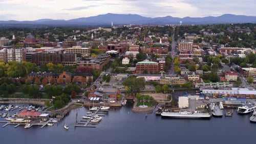 Burlington Vermont, Sunset Flying Aerial Drone Shot New England Slow Motion