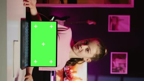 Cute Gen Z Influencer Showing Mockup Notebook Device to Viewers