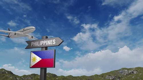 Philippines Flag With Airplane And Arrow Sign