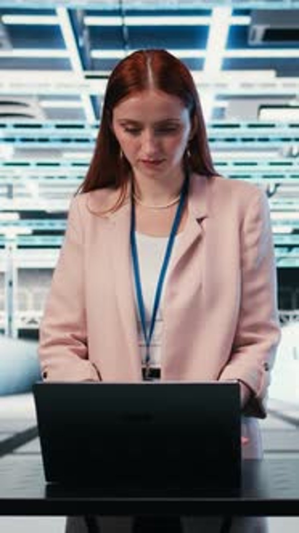 Vertical Video Woman at Server Hub Workplace Desk Monitors Rigs Power ...