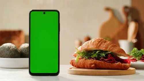 Phone with Green Screen Chroma Key on Kitchen Restaurant Cafe Bistro Application Bakery Food Fresh