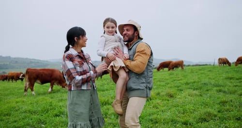 Portrait, parents and child on farm with support, agriculture and bonding together with cattle