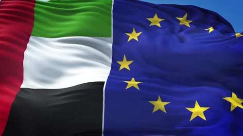 United Arab Emirates and European Union Flags Waving Loop